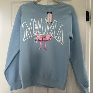 Simply southern Mama Blue Sweater with Pink Bow size S